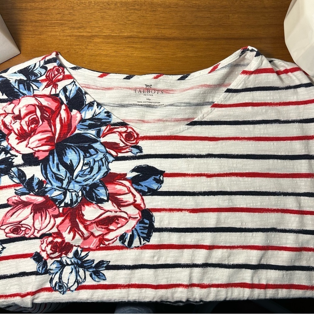 Talbots Women's Striped Floral Top - Red and Blue